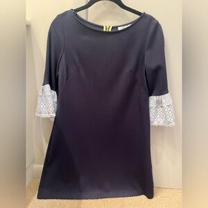 Petite XS Eliza J navy dress with eyelet sleeve detail
